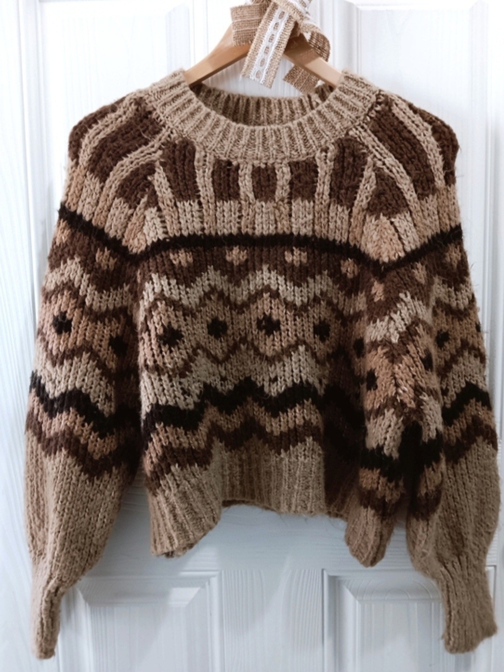 By Anthropologie Caramel Chai Carson Fair Isle Geo Chunky Knit  Crewneck Sweater